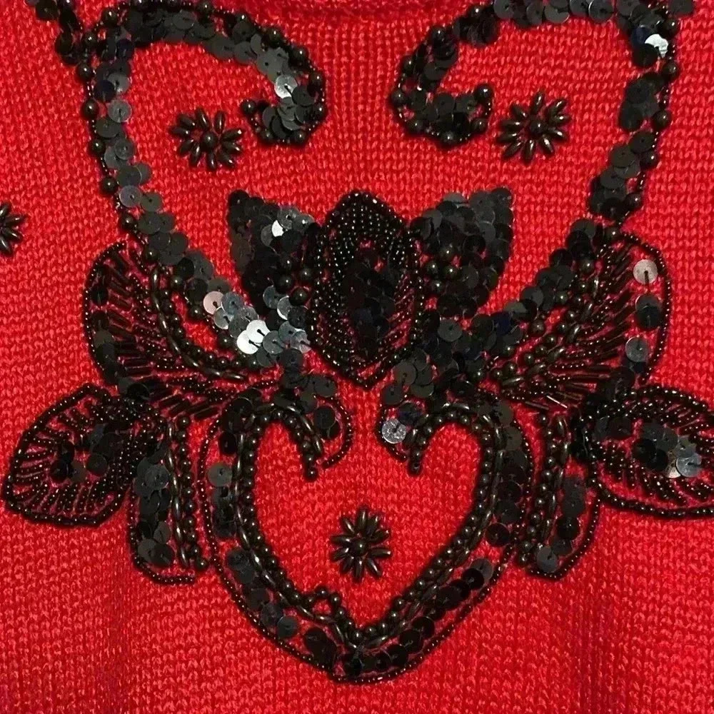 Dana Scott vintage 80’s embellished red & black sequin knit sweater size MEDIUM